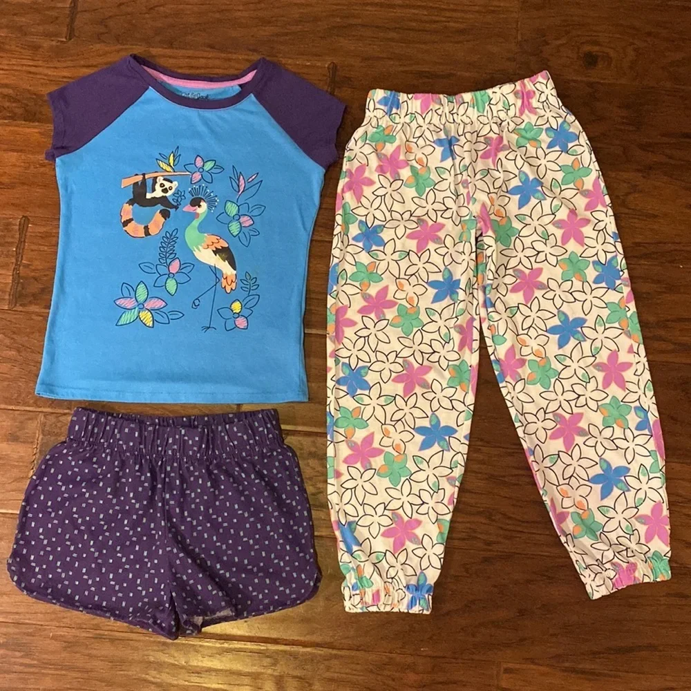Cat & Jack pajama set shirt shorts & long pants blue purple & white floral Small